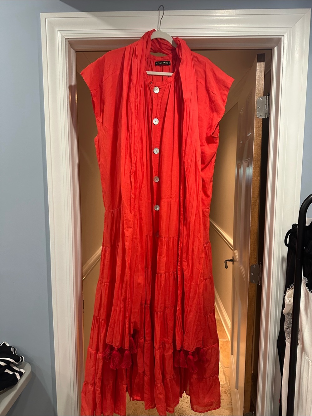 Red Tiered Button-Front Maxi Dress with Scarf Detail